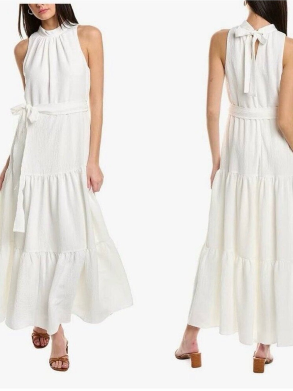 Anne Klein Ivory Tiered Maxi Dress with Waist Tie